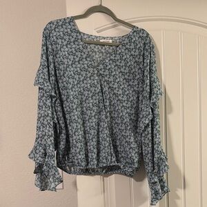 Blue Floral Ruffle Sleeve Blouse - Unbranded